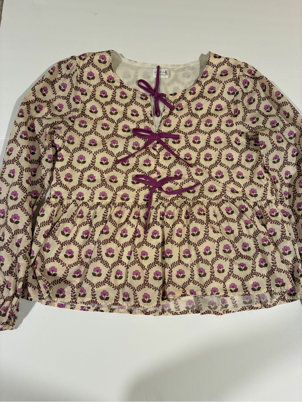 Cream Floral Tie-Front Peasant Blouse with Magenta Accents